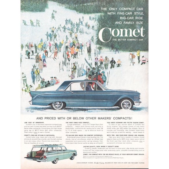 1961 Ford Comet 4 Door Sedan Vintage Print Ad Snow Ski Slope Hill Wintertime Art - Picture 1 of 1